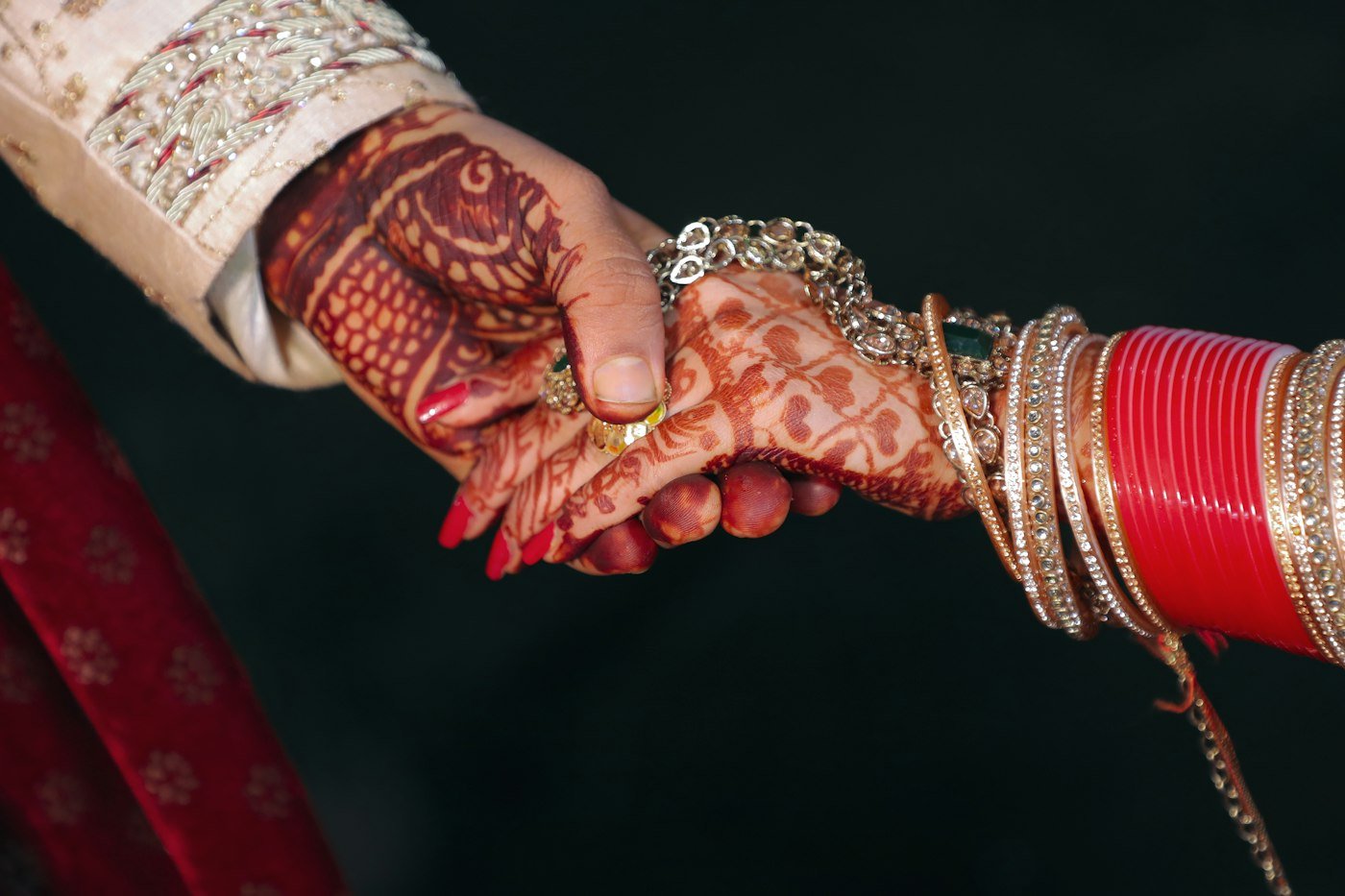 A bride and groom's hands adorned with intricate henna, held together